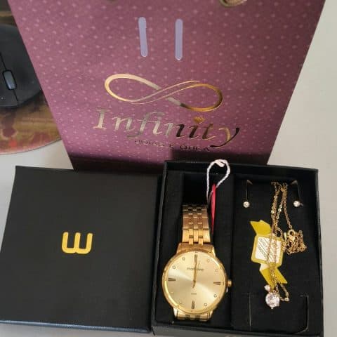 Relógio + kit jóias folhadas a ouro 18k